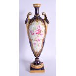 ROYAL WORCESTER TALL TWO HANDLED VASE PAINTED WITH ROSES IN A RAISED GILT PANEL SHAPE 2452, DATE MAR