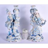 A GOOD LARGE PAIR OF 19TH CENTURY GERMAN BLUE AND WHITE PORCELAIN FIGURES modelled as a female and f