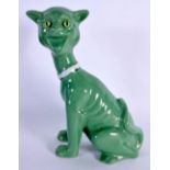 A MASONIC GREEN GLAZED GALLE STYLE CAT. 22 cm x 10 cm.