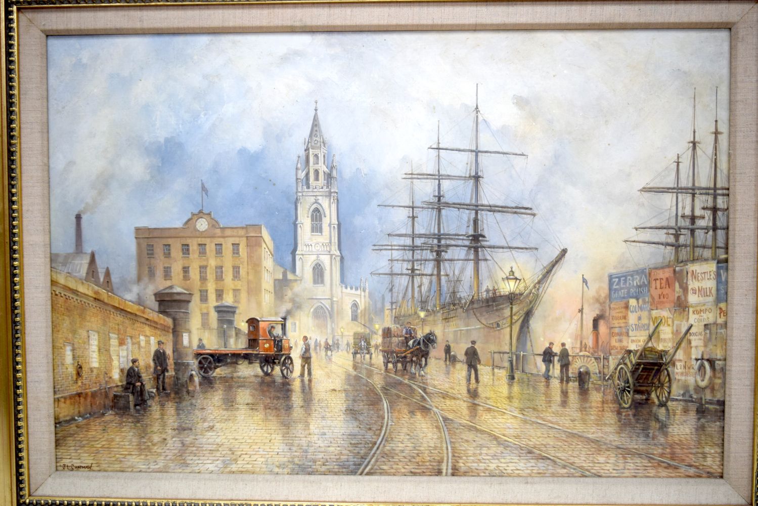 A large framed oil on board by J L Chapman of a harbour scene. 49 x 74cm. - Bild 2 aus 4