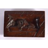 A 19TH CENTURY EUROPEAN CARVED TREEN RECTANGULAR PLAQUE depicting a fallen lion. 15 cm x 9 cm.