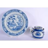 AN 18TH CENTURY CHINESE EXPORT BLUE AND WHITE PLATE Qianlong, together with a 19th century teapot. L
