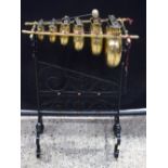 A W F Needham brass and wrought iron 6 gong glockenspiel 84 x 61 cm.