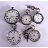 FIVE SILVER POCKET WATCHES VARIOUS MARKS. Largest dial 5.2cm, total weight 320g