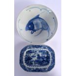 AN 18TH CENTURY CHINESE EXPORT BLUE AND WHITE DISH Qianlong, together with a fish plate. Largest 22.