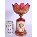 A 19TH CENTURY BOHEMIAN ENAMELLED RUBY GLASS COMPORT TAZZA painted with a female portrait. 25 cm x 1