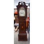 A late Regency mahogany cased 8 day grandfather clock with pendulum and weights.214 x 54 cm