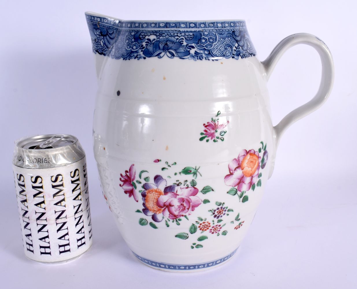 A LARGE 18TH CENTURY CHINESE EXPORT FAMILLE ROSE CIDER JUG Qianlong, painted with flowers and birds.