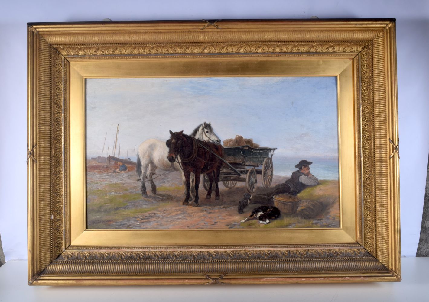 Harold garland(1834-1913) Framed oil on canvas "Waiting for the boat" 43 x 72cm.