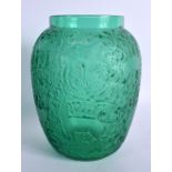 A FRENCH LALIQUE GREEN GLASS DEER VASE. 17 cm x 11 cm.