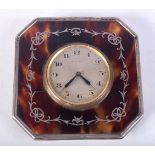 A VINTAGE DESK CLOCK WITH A SILVER AND TORTIOSESHELL SURROUND. Hallmarked Birmingham 1926, 8.8cm x
