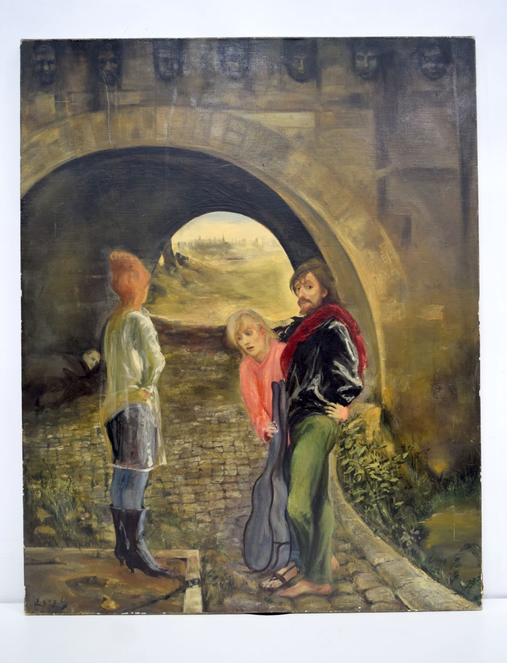 Tom Keogh (1922-1980) Unframed oil on canvas of figures meeting under a bridge. 93 x 73 cm.