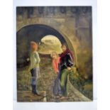 Tom Keogh (1922-1980) Unframed oil on canvas of figures meeting under a bridge. 93 x 73 cm.