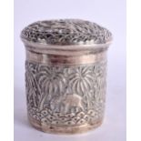 AN INDIAN WHITE METAL BOX AND COVER decorated with elephants. 119 grams. 8 cm x 7 cm.