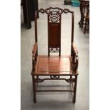 AN EARLY 20TH CENTURY CHINESE CARVED HARDWOOD ARM CHAIR. 100 cm x 45 cm.