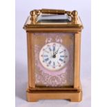 A FINE 'SEVRES' STYLE PORCELAIN PANELLED CARRIAGE CLOCK. 7.5cm X 4cm X 3.6cm (Handle Raised)