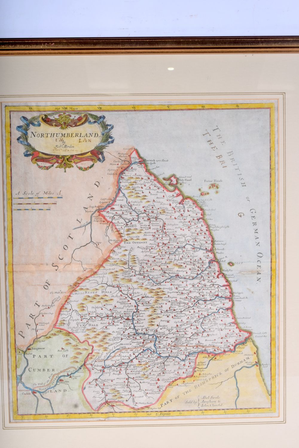 A framed early 18th Century map on parchment of Northumberland by Robert Morden 41 x 35cm - Image 2 of 4