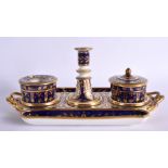 DERBY INKSTAND ORNATELY GILDED ON A COBALT BLUE GROUND HAVING A SANDER AND COVER, INKPOT AND TAPER S