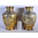 A LARGE PAIR OF LATE 19TH CENTURY JAPANESE MEIJI PERIOD BRONZE VASES decorated with birds. 30 cm x 1