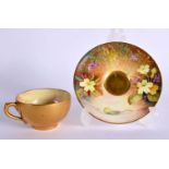 ROYAL WORCESTER DEMI TASSE TEACUP AND SAUCER PAINTED WITH PRIMROSES BY MISS TWINBOROUGH, SIGNED TWIN