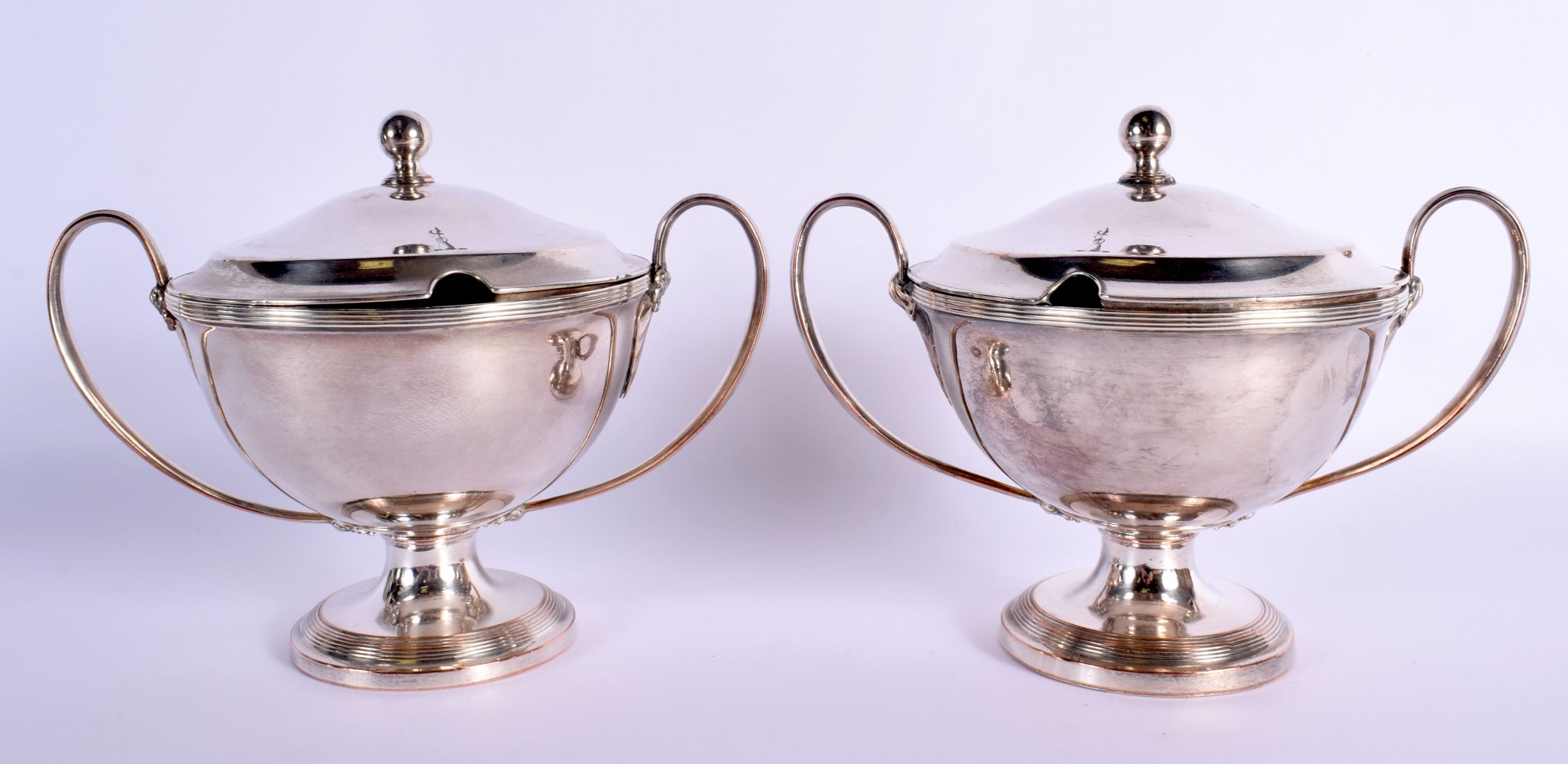 A PAIR OF EARLY 19TH CENTURY OLD SHEFFIELD PLATED TUREENS AND COVERS. 19 cm x 17 cm.