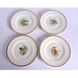 ROYAL WORCESTER FOUR SIDE PLATES PAINTED WITH BIRDS, THREE BY D. JONES, MARSHTIT, THRUSH, STONECHAT,