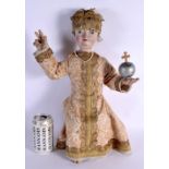 A VERY RARE 17TH/18TH CENTURY EUROPEAN CARVED AND PAINTED WOODEN DOLL modelled with one hand raised,