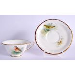 ROYAL WORCESTER TEACUP AND SAUCER EACH PAINTED WITH A LINNET OR A GOLDCEST BY D. JONES, SIGNED, DATE