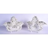 A PAIR OF 19TH CENTURY GERMAN BLANC DE CHINE PORCELAIN BASKETS Meissen style, encrusted all over wit
