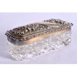 A CUT GLASS DRESSING TABLE BOX WITH A WHITE METAL COVER. 3.6cm x 8.9cm x 3.9cm, weight 17.3g total