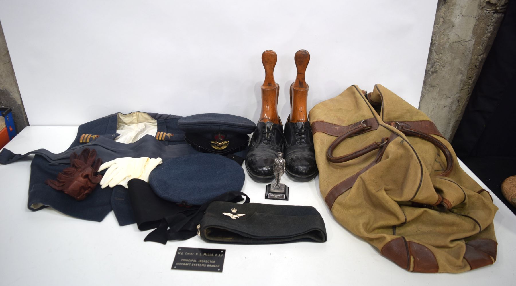 A collection of RAF clothing, caps, shoes ,wooden lasts bag etc (Qty).