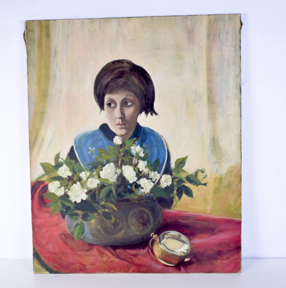 Tom Keogh (1922-1980) Unframed oil on canvas of a female with a flower arrangement. 73 x 60 cm.