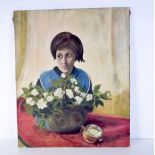 Tom Keogh (1922-1980) Unframed oil on canvas of a female with a flower arrangement. 73 x 60 cm.