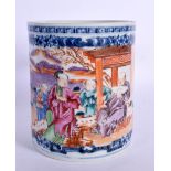 AN 18TH CENTURY CHINESE EXPORT FAMILLE ROSE MUG Qianlong, painted with figures. 13 cm x 15 cm.