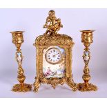 A LOVELY 19TH CENTURY FRENCH ORMOLU AND SWISS ENAMEL MANTEL CLOCK with matching candlesticks. Mantel