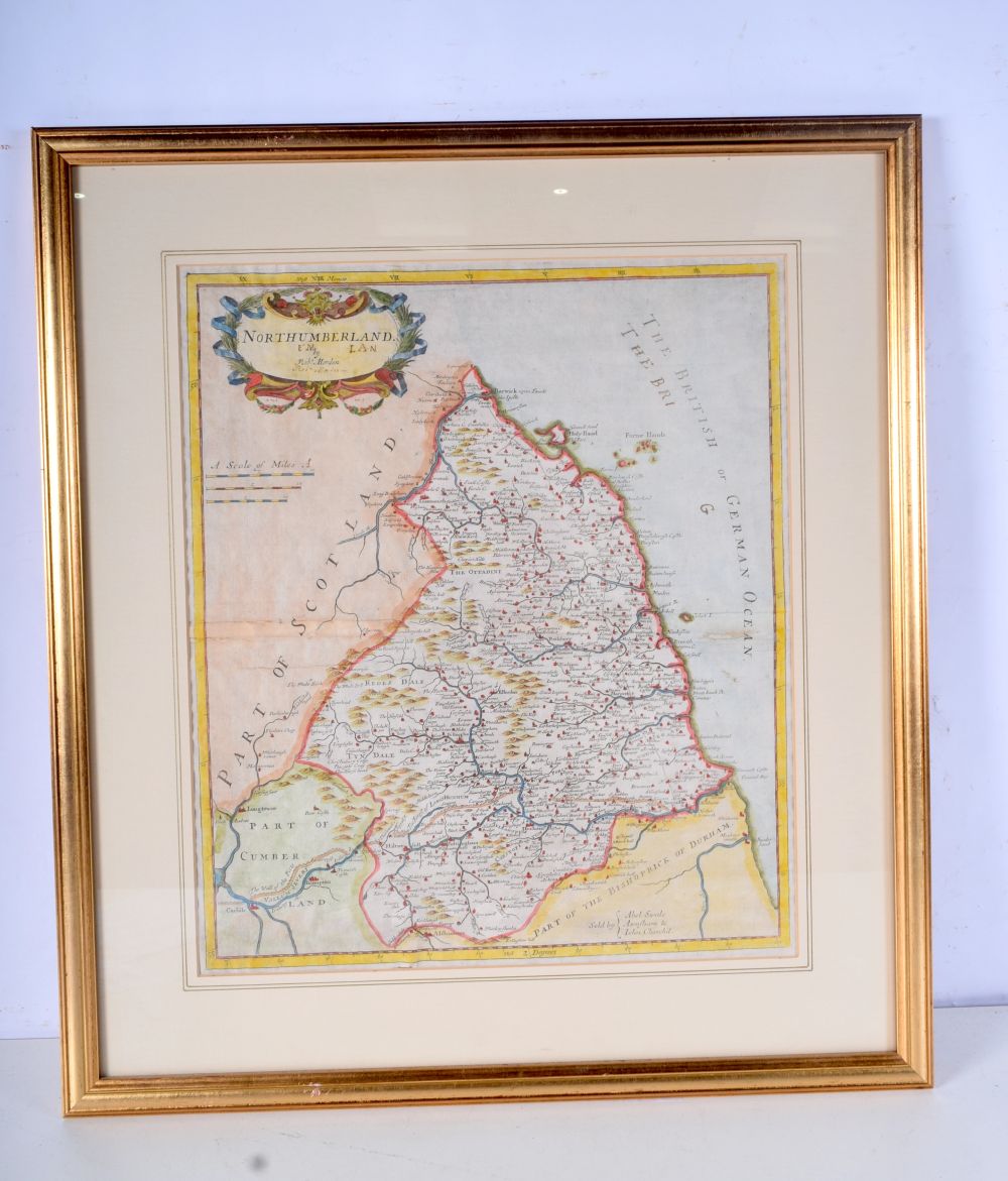 A framed early 18th Century map on parchment of Northumberland by Robert Morden 41 x 35cm