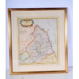 A framed early 18th Century map on parchment of Northumberland by Robert Morden 41 x 35cm