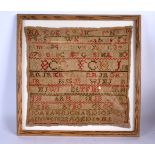 A FRAMED 19TH CENTURY EMBROIDERED SAMPLER. 33 cm square.