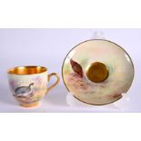 ROYAL WORCESTER COFFEE CUP AND SAUCER EACH PAINTED WITH A PTARMIGAN OR A RED GROUSE BY P. LYNES, SIG