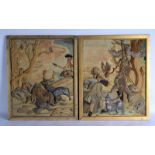 A RARE LARGE PAIR OF 18TH CENTURY EUROPEAN STUMP WORK EMBROIDERED PANELS depicting hunting scenes wi