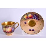ROYAL WORCESTER DEMI TASSE COFFEE CUP AND SAUCER PAINTED WITH FRUIT BY AUSTIN AND LOCKYER, SIGNED, P