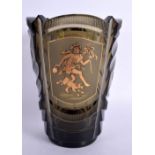 A RARE EARLY 20TH CENTURY SMOKEY GREEN GLASS VASE decorated with gilded panels of figures and animal