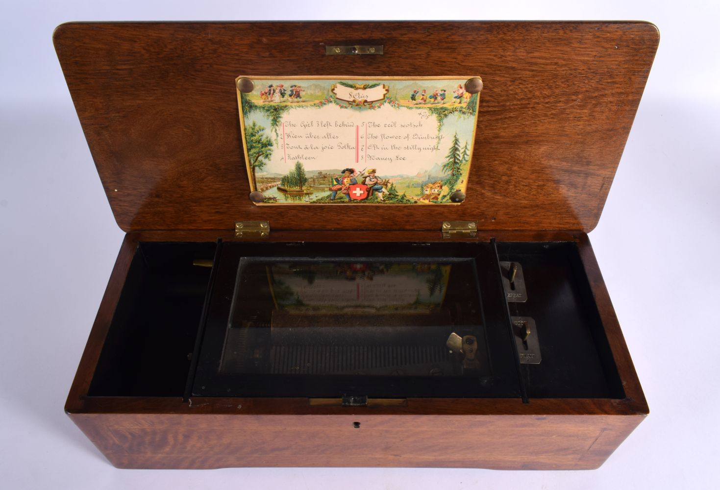 A LATE 19TH CENTURY SWISS MUSICAL BOX playing eight airs. 42 cm x 18 cm. - Bild 5 aus 12