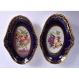 COALPORT PAIR OF OVAL DISHES PAINTED WITH FRUIT IN GILT PANEL UNDER BLUE BORDER WITH DENTIL AND SCRO