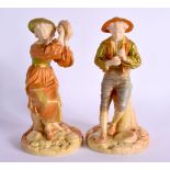 LATE 19TH CENTURY ROYAL WORCESTER PAIR OF FIGURES OF A BOY AND GIRL WITH MUSICAL INSTRUMENTS PAINTED
