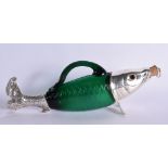 A GREEN GLASS FISH DECANTER.