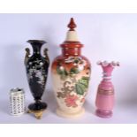 A LARGE AESTHETIC MOVEMENT OPALINE BLACK ENAMELLED VASE together with two other vases. Largest 44 cm