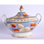 19TH CENTURY ENGLISH SUCRIER AND COVER PAINTED WITH FRUIT ON A LIGHT BLUE GROUND, PERHAPS SPODE.13.5