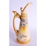 ROYAL WORCESTER EWER PAINTED IN RAISED ENAMELS WITH FLOWERS ON A BLUE IVORY GROUND, SHAPE 1260 DATE