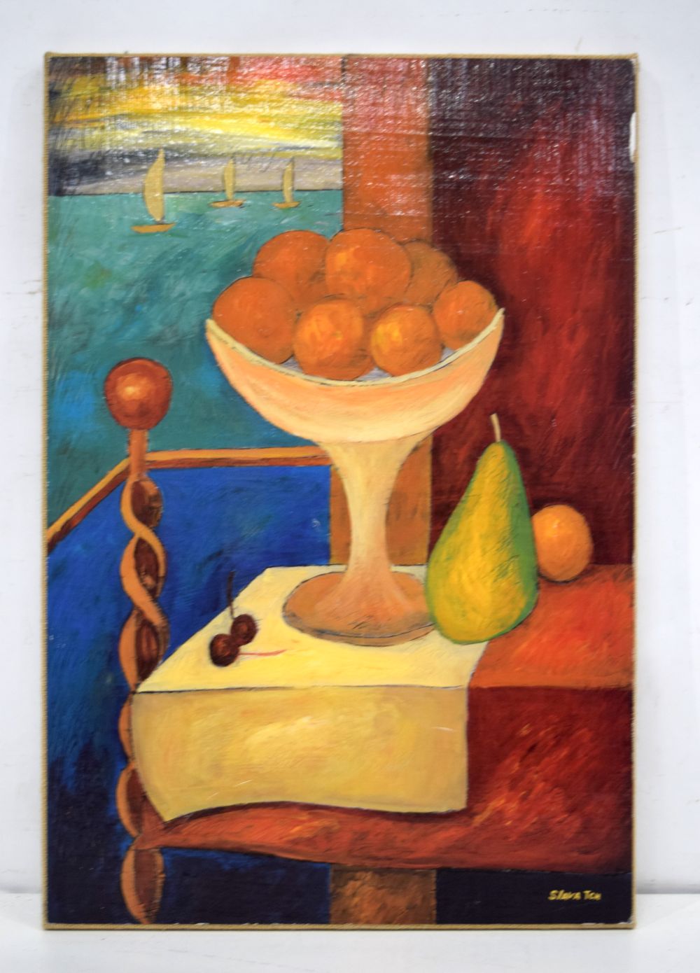 An oil on linen by Slava Tch of a bowl of fruit and a window view of the sea. 62 x 42cm.